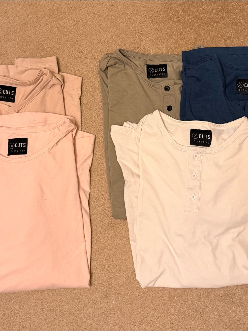 Cuts Clothing Long Sleeve Tees in Pink, Olive, Navy, and Cream